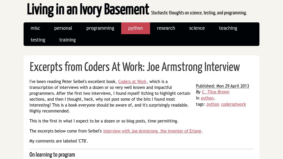 Screenshot of ivory.idyll.org: Excerpts from Coders at Work: Joe Armstrong Interview (2013)