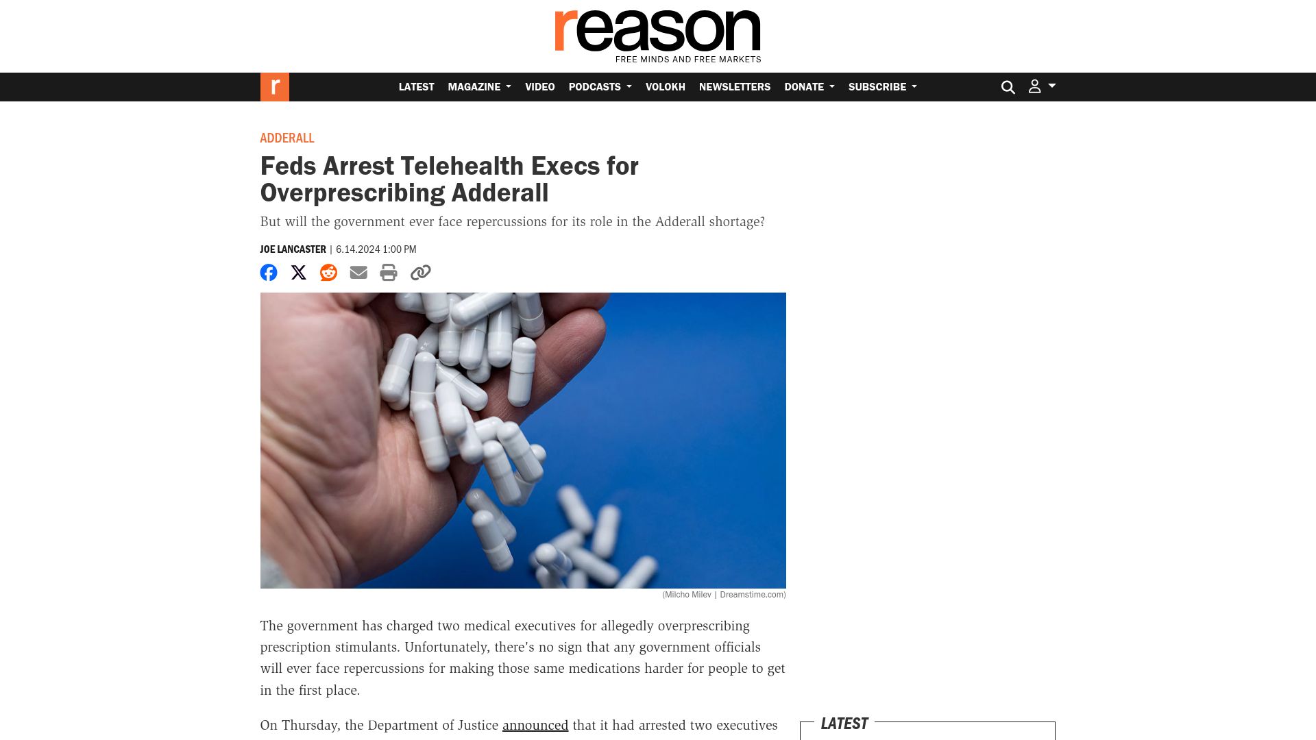 Screenshot of reason.com: Feds Arrest Telehealth Execs for Overprescribing Adderall
