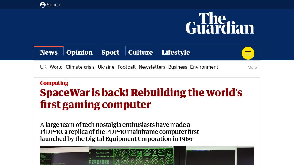 Screenshot of theguardian.com: Tech nostalgia enthusiasts have made a PiDP-10, a replica of the PDP-10