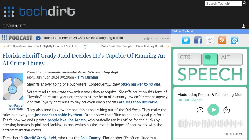Screenshot of techdirt.com: Florida Sheriff Grady Judd Decides He's Capable of Running an AI Crime Thingy