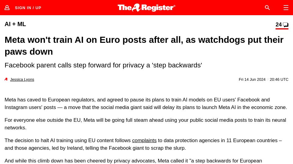 Screenshot of theregister.com: Meta won't train AI on Euro posts after all, as watchdogs put their paws down