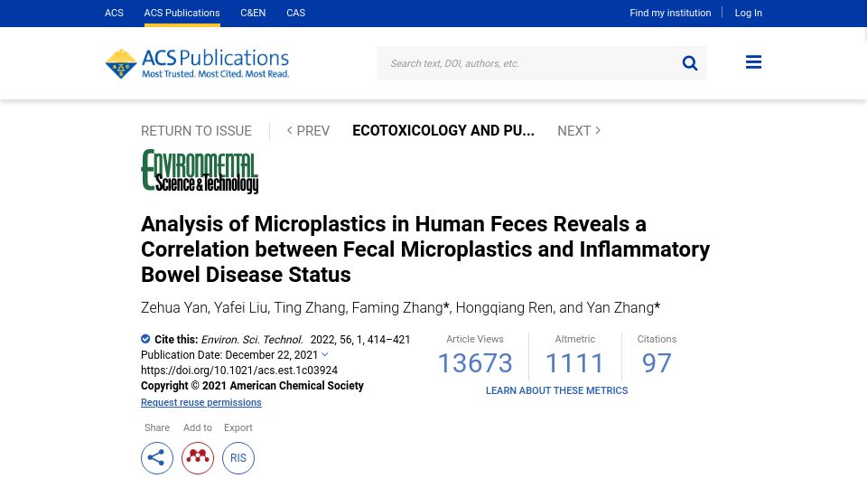 Screenshot of pubs.acs.org: Correlation between fecal microplastics and inflammatory bowel disease (2021)