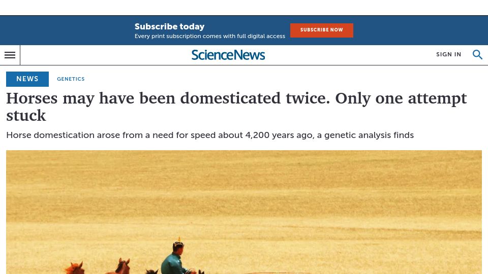 Screenshot of sciencenews.org: Horses may have been domesticated twice