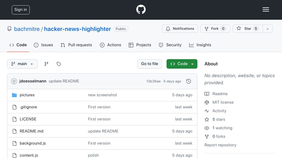 Screenshot of github.com: Show HN: Quickly scan HN for new articles