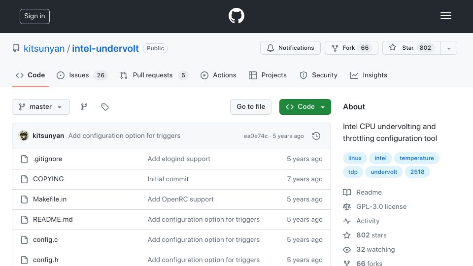 Screenshot of github.com: Intel-undervolt: CPU undervolting and throttling configuration tool for Linux