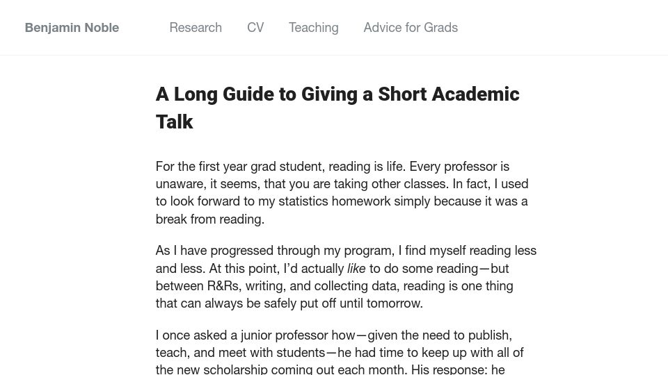 Screenshot of benjaminnoble.org: A long guide to giving a short academic talk (2022)