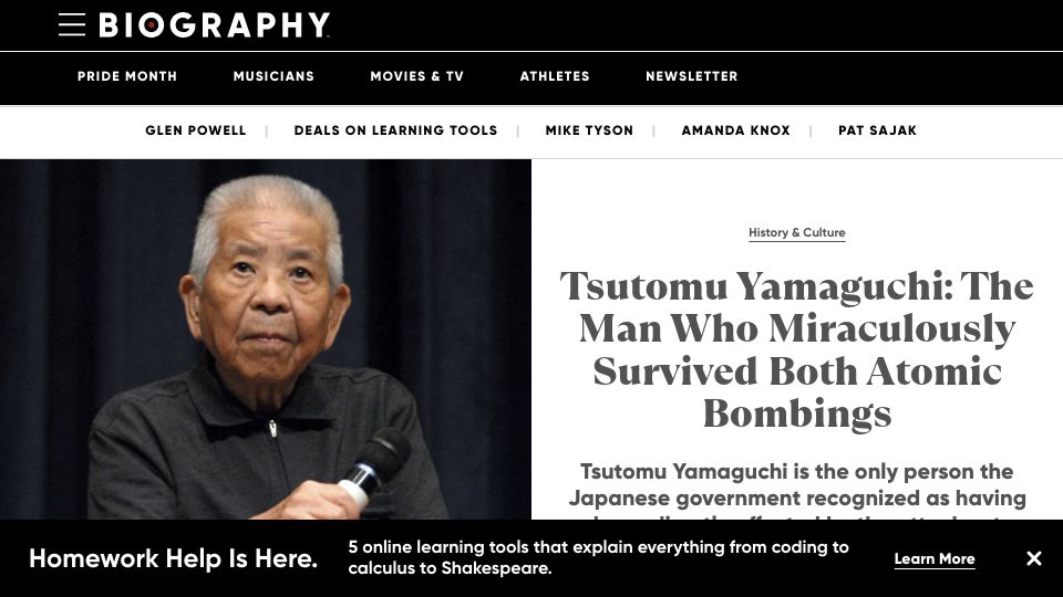 Screenshot of biography.com: Tsutomu Yamaguchi – A man who survived both atomic bombings (2023)