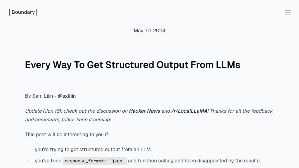 Screenshot of boundaryml.com: Every Way to Get Structured Output from LLMs