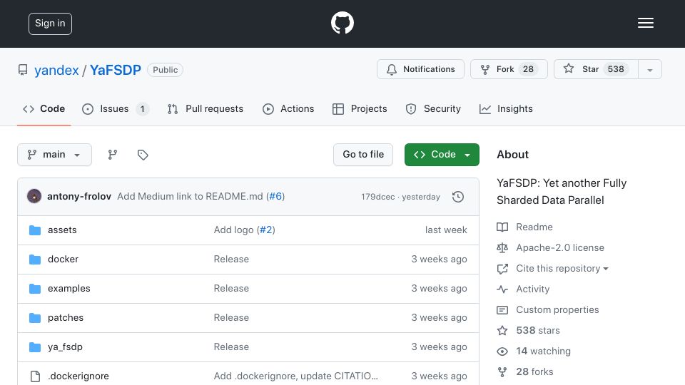 Screenshot of github.com: YaFSDP: a sharded data parallelism framework, faster for pre-training LLMs