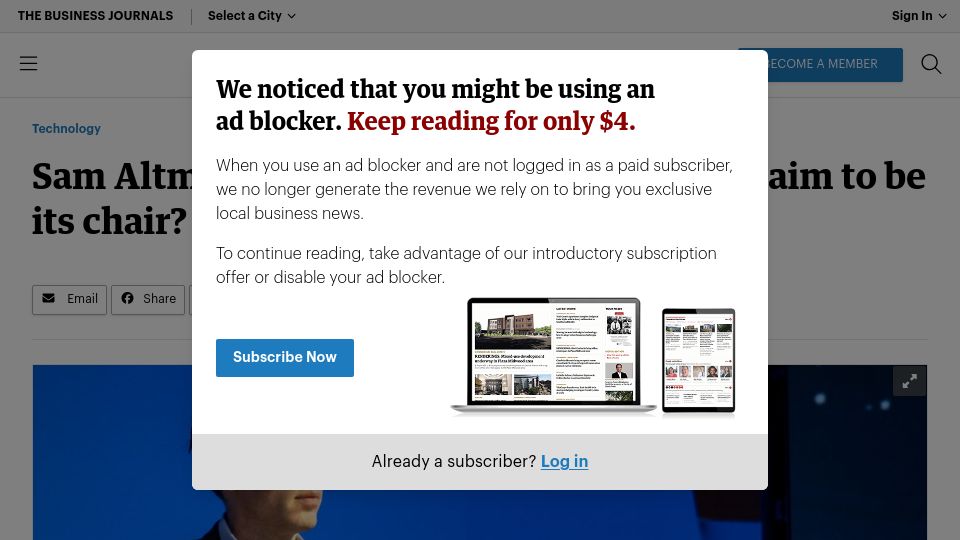Screenshot of bizjournals.com: Sam Altman is not on YC's board. So why claim to be its chair?