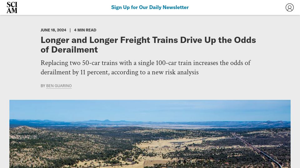 Screenshot of scientificamerican.com: Longer and Longer Freight Trains Drive Up the Odds of Derailment