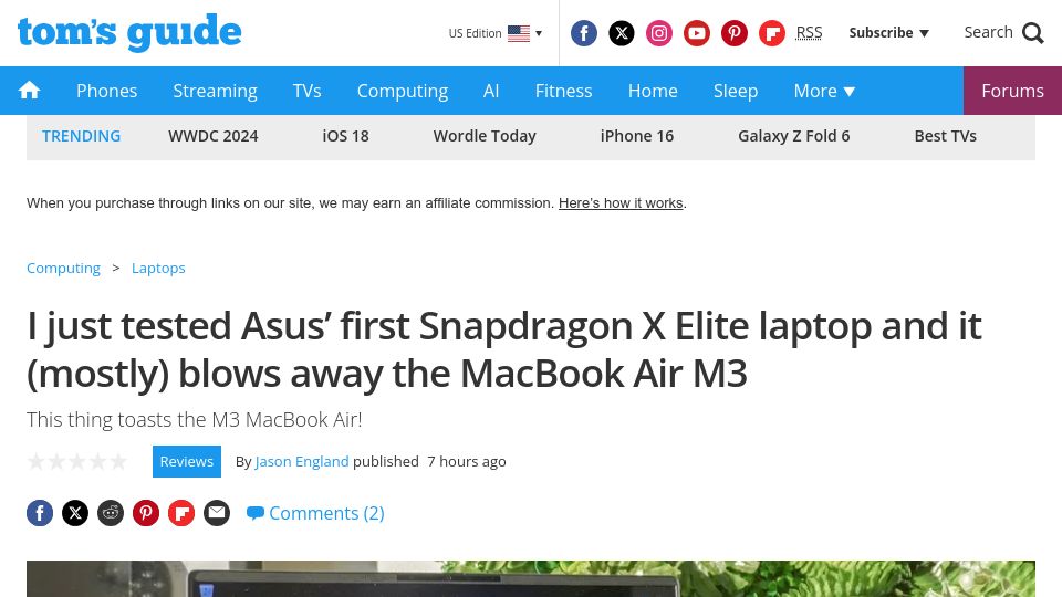 Screenshot of tomsguide.com: Asus' first Snapdragon X Elite laptop (mostly) blows away the MacBook Air M3