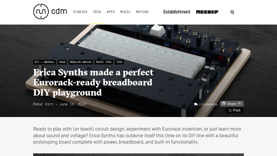 Screenshot of cdm.link: Erica Synths DIY Prototyping Breadboard