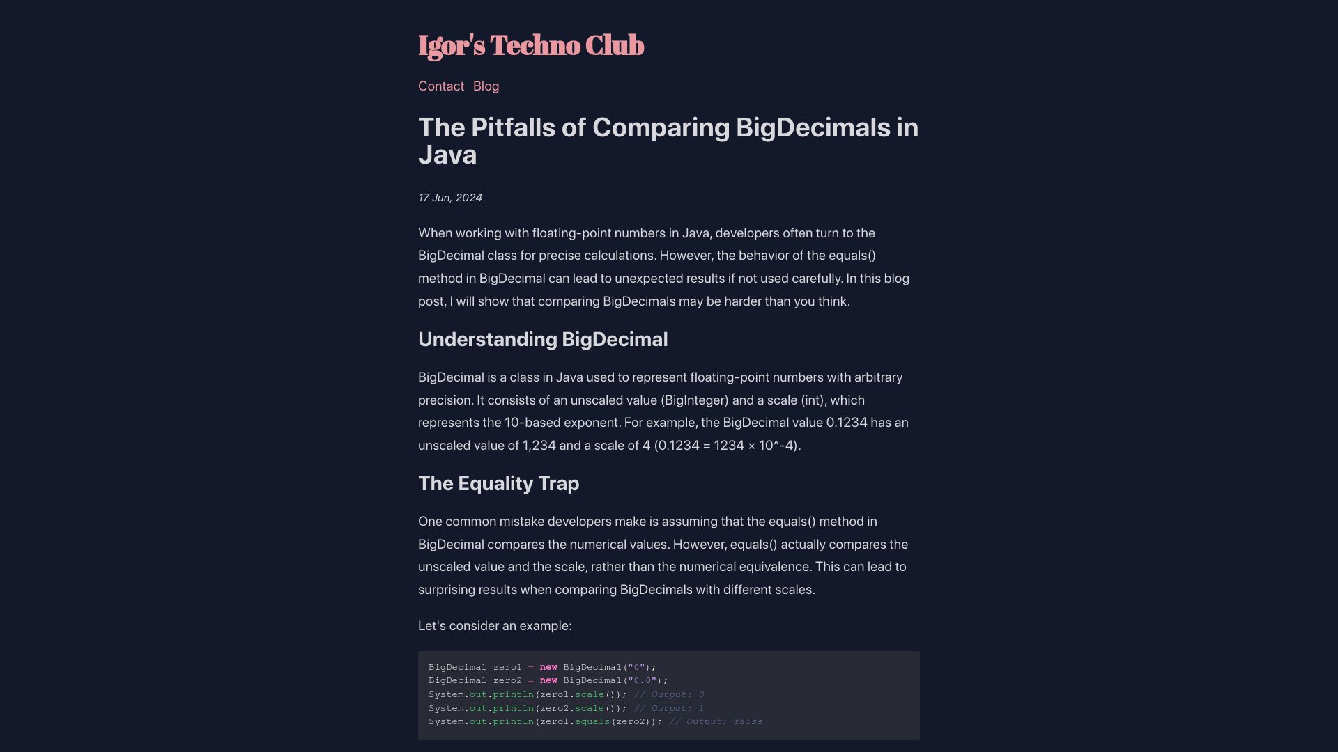 Screenshot of igorstechnoclub.com: Pitfalls of comparing BigDecimals in Java