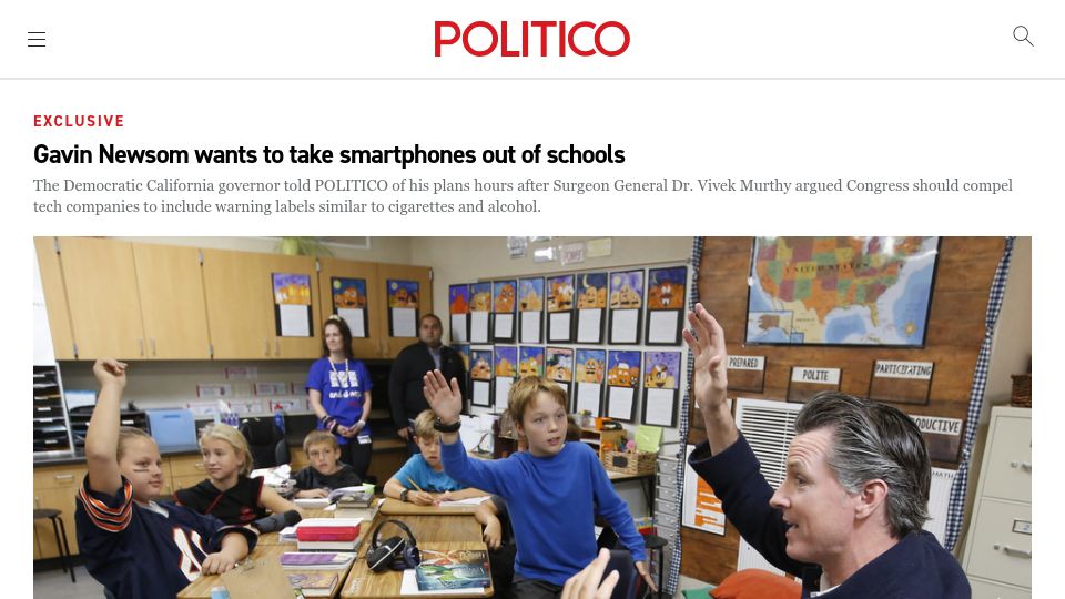 Screenshot of politico.com: Gavin Newsom wants to take smartphones out of schools