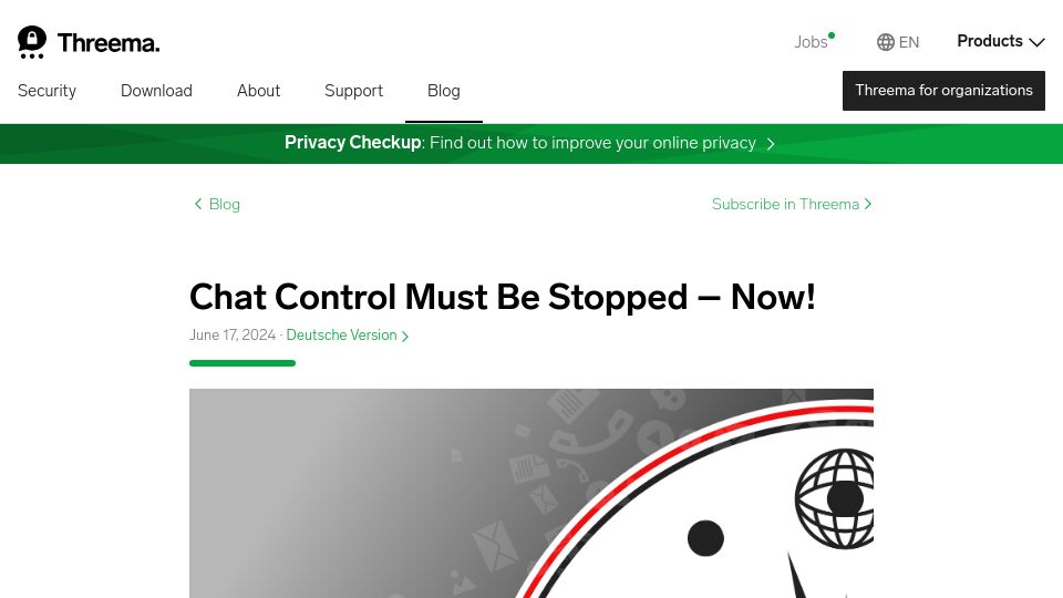Screenshot of threema.ch: Chat Control Must Be Stopped – Now
