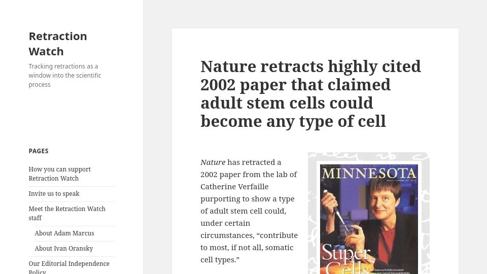 Screenshot of retractionwatch.com: Nature retracts paper that claimed adult stem cell could become any type of cell