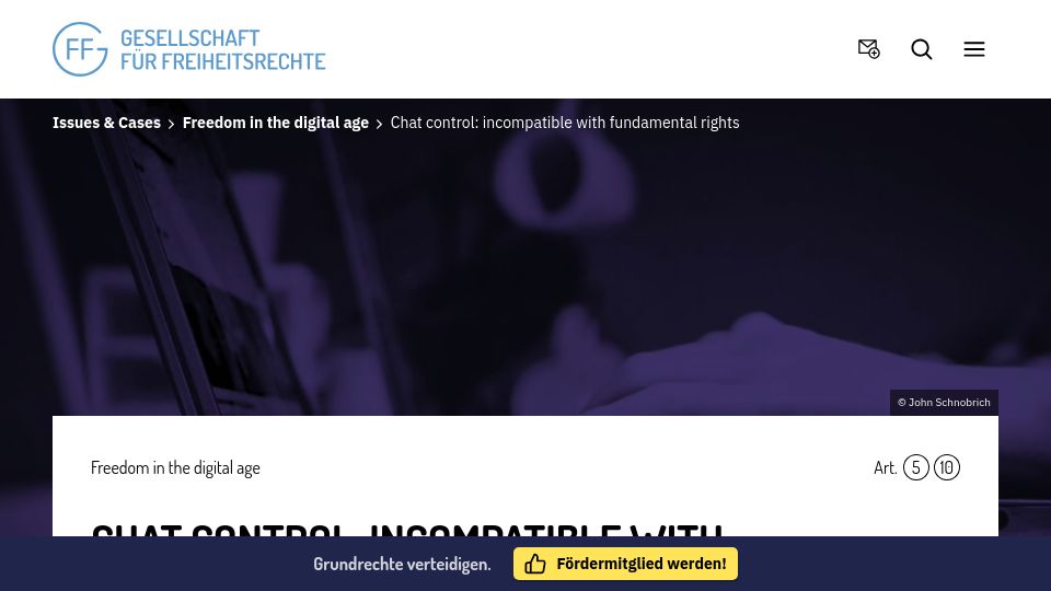 Screenshot of freiheitsrechte.org: Chat Control: Incompatible with Fundamental Rights (2022)