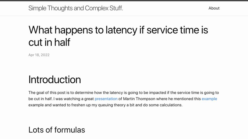 Screenshot of pveentjer.github.io: What happens to latency if service time is cut in half (2022)
