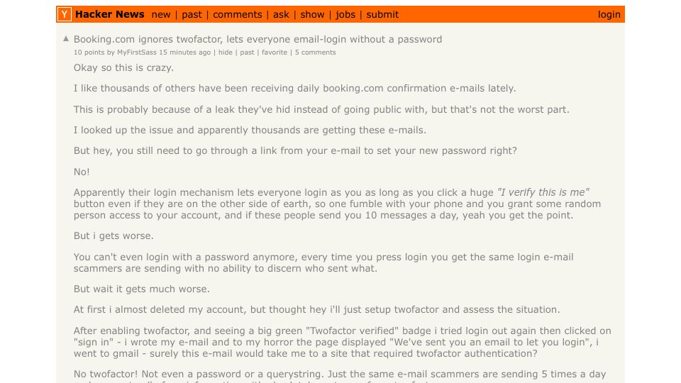 Screenshot of Hacker News post: Booking.com ignores twofactor, lets everyone email-login without a password
