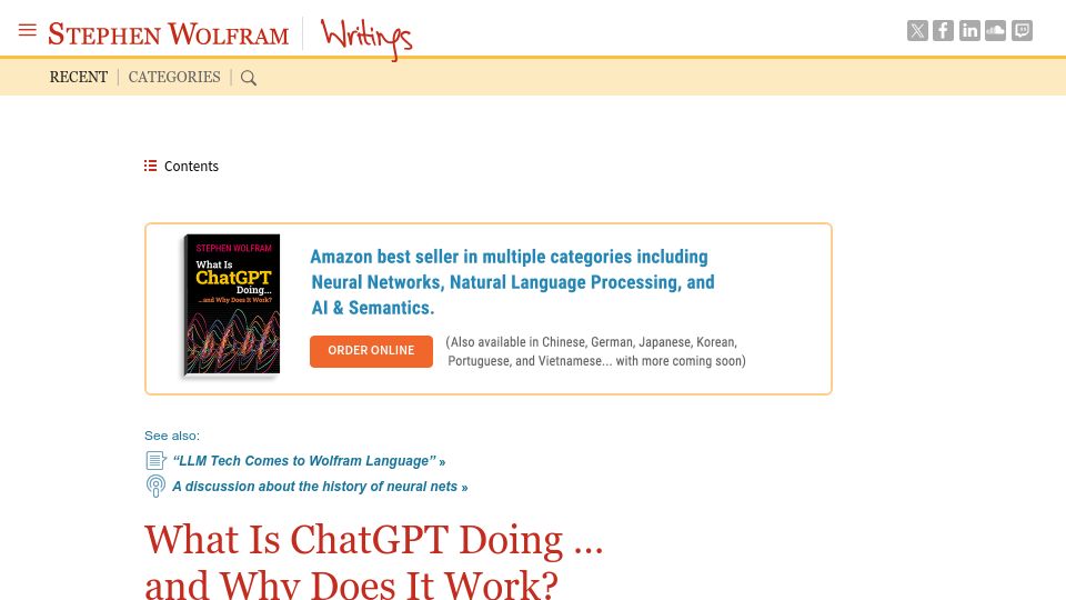 Screenshot of writings.stephenwolfram.com: What Is ChatGPT Doing and Why Does It Work? (2023)