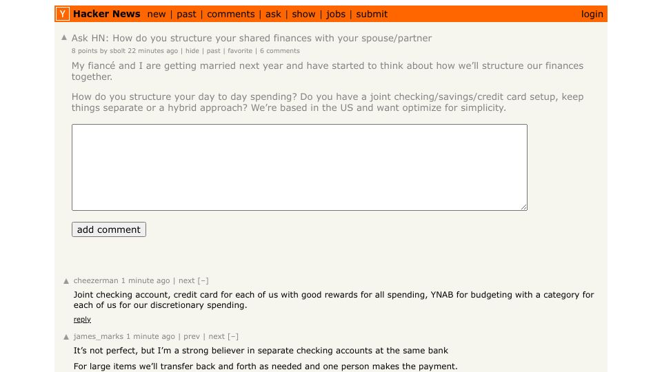 Screenshot of Hacker News post: Ask HN: How do you structure your shared finances with your spouse/partner