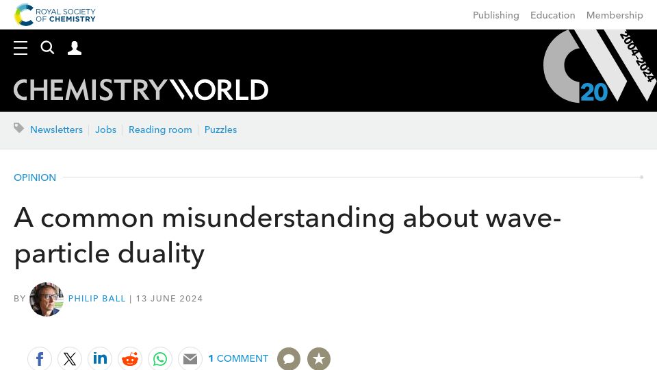 Screenshot of chemistryworld.com: A common misunderstanding about wave-particle duality