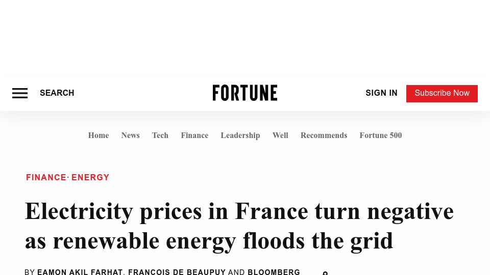 Screenshot of fortune.com: Electricity prices in France turn negative as renewable energy floods the grid