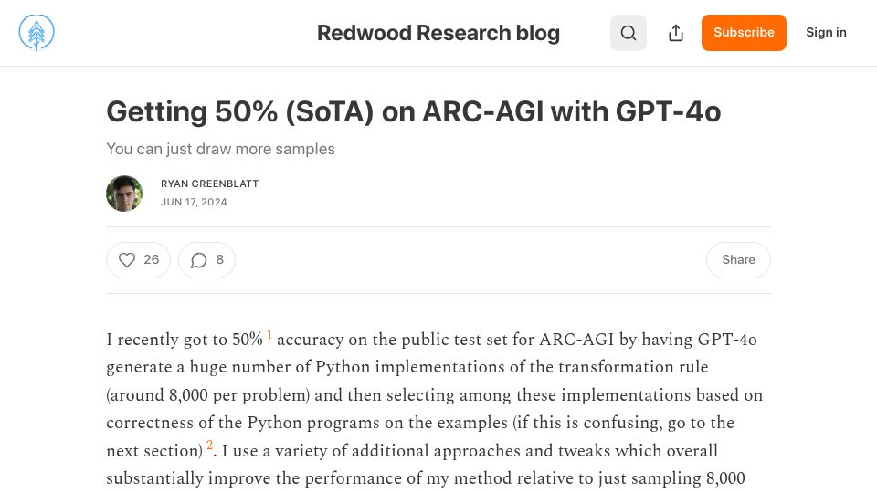 Screenshot of redwoodresearch.substack.com: Getting 50% (SoTA) on Arc-AGI with GPT-4o