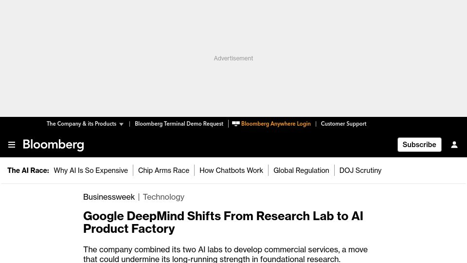 Screenshot of bloomberg.com: Google DeepMind shifts from research lab to AI product factory