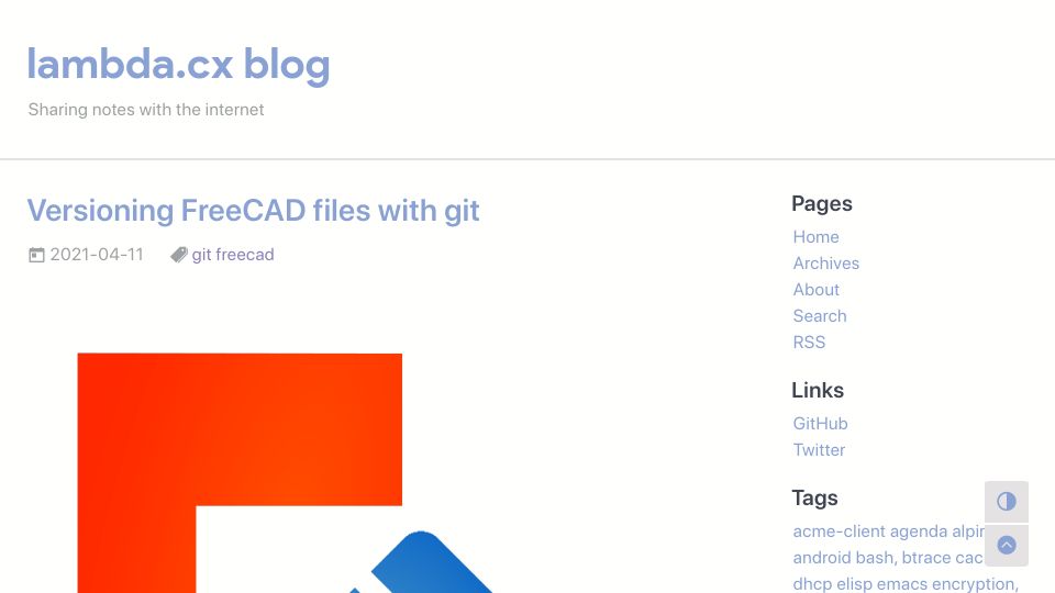 Screenshot of blog.lambda.cx: Versioning FreeCAD Files with Git (2021)