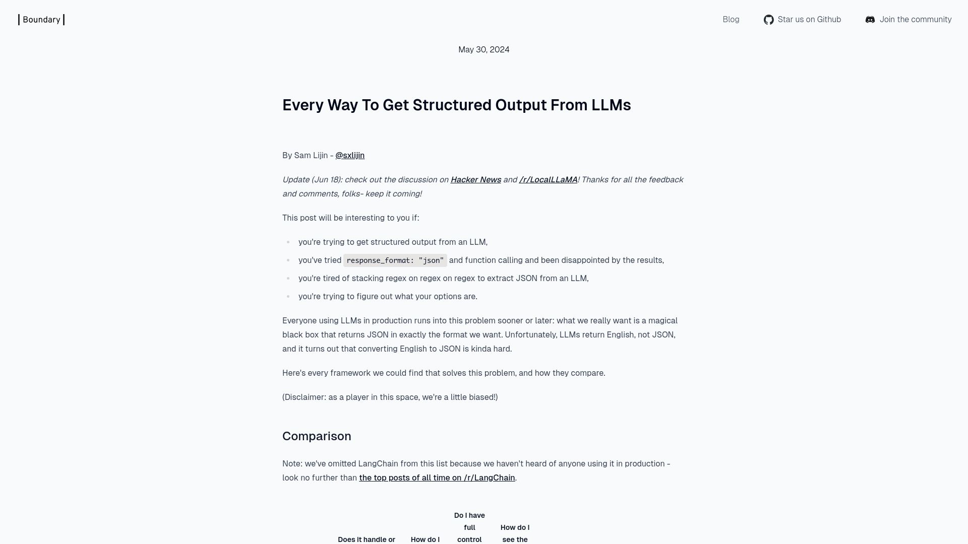 Screenshot of boundaryml.com: Every Way to Get Structured Output from LLMs
