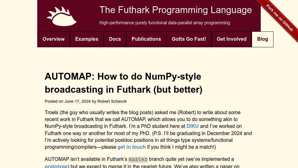Screenshot of futhark-lang.org: NumPy-style broadcasting in Futhark