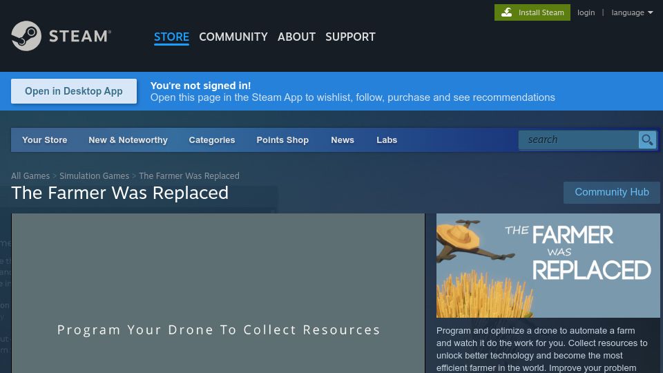 Screenshot of store.steampowered.com: The Farmer Was Replaced (A Python-esque automated farming game)