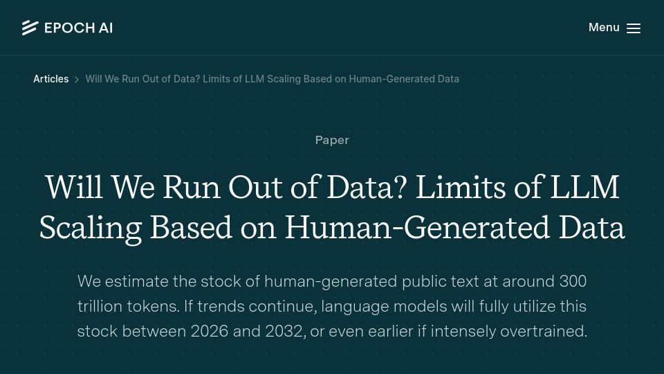 Screenshot of epochai.org: Will We Run Out of Data? Limits of LLM Scaling Based on Human-Generated Data
