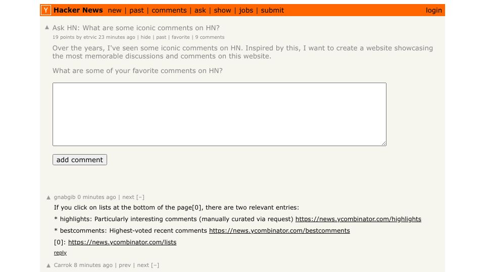 Screenshot of Hacker News post: Ask HN: What are some iconic comments on HN?