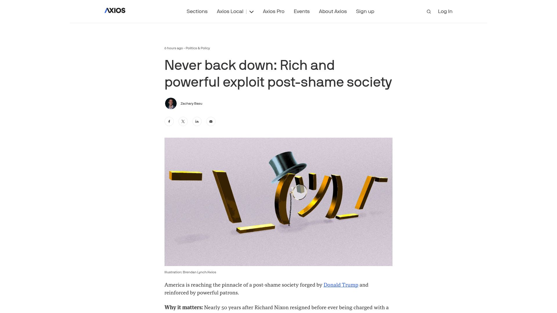Screenshot of axios.com: Never back down: Rich and powerful exploit post-shame society