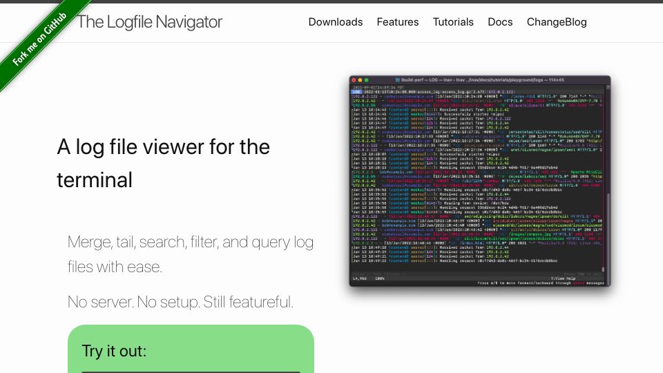 Screenshot of lnav.org: Lnav Logfile Navigator