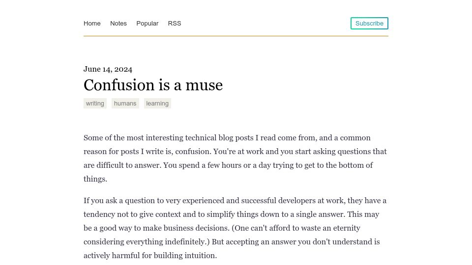 Screenshot of notes.eatonphil.com: Confusion Is a Muse