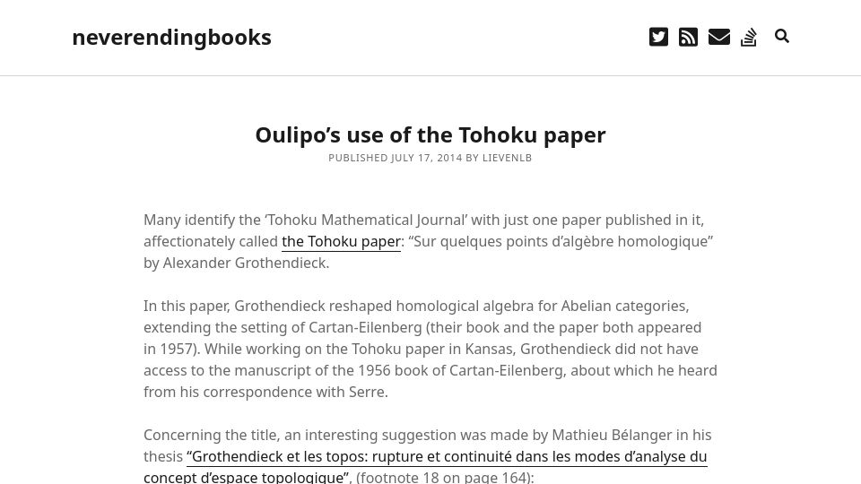 Screenshot of neverendingbooks.org: Oulipo's use of the Tohoku paper (2014)