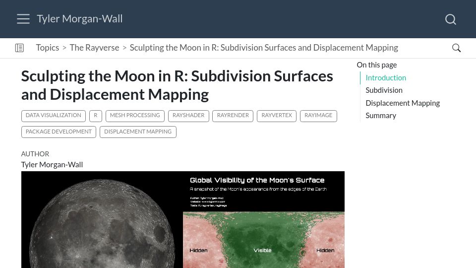 Screenshot of tylermw.com: Sculpting the moon in R: Subdivision surfaces and displacement mapping
