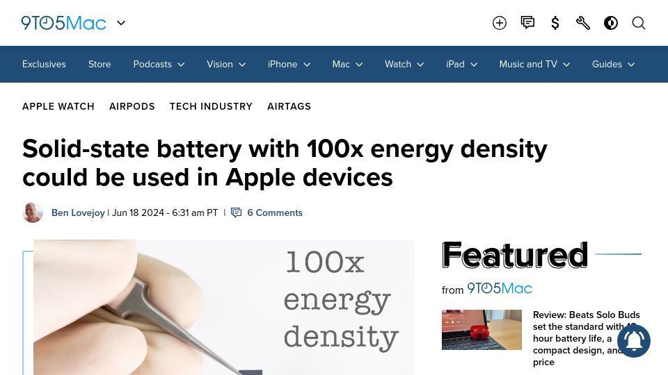 Screenshot of 9to5mac.com: Solid-state battery with 100x energy density could be used in Apple devices
