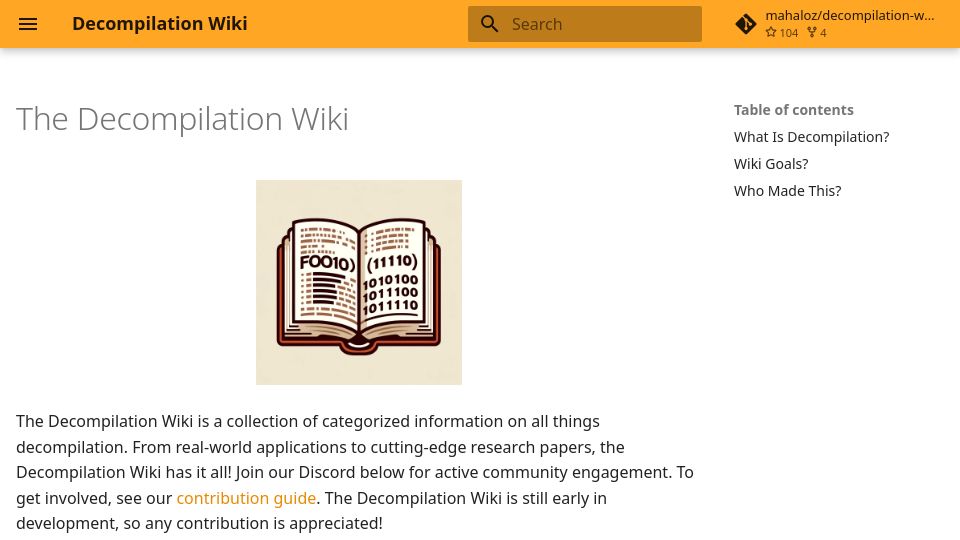 Screenshot of decompilation.wiki: The Decompilation Wiki: categorized knowledge on decompilation