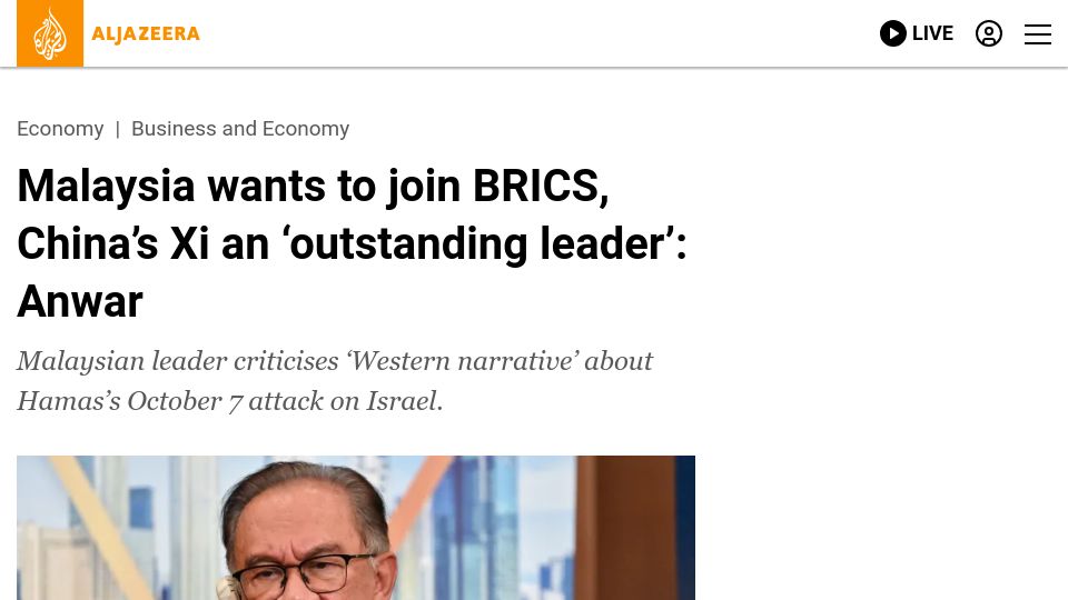 Screenshot of aljazeera.com: Malaysia to Join BRICS