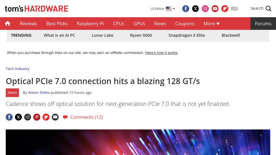 Screenshot of tomshardware.com: Optical PCIe 7.0 connection hits 128 GT/s