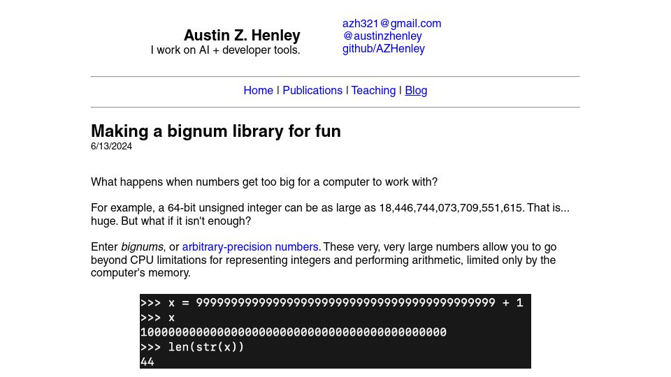 Screenshot of austinhenley.com: Making a Bignum Library for Fun