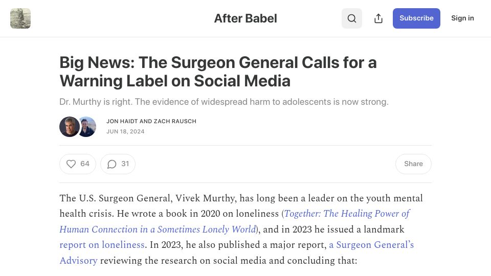 Screenshot of afterbabel.com: The Surgeon General Calls for a Warning Label on Social Media