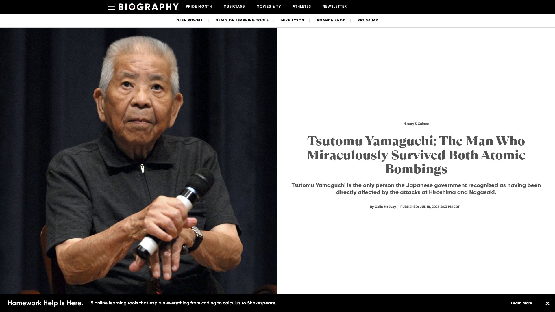 Screenshot of biography.com: Tsutomu Yamaguchi – A man who survived both atomic bombings (2023)