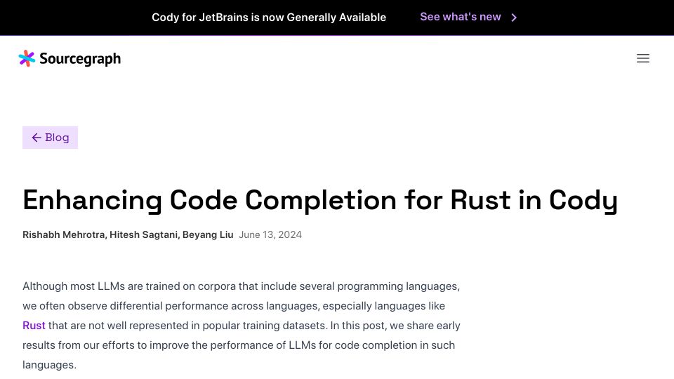 Screenshot of sourcegraph.com: Enhancing Code Completion for Rust in Cody