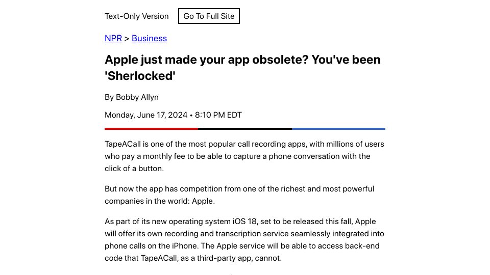Screenshot of text.npr.org: Apple just made your app obsolete? You've been 'Sherlocked'